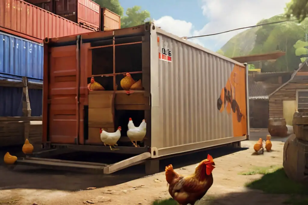 Shipping Container In Village With Chickens Around