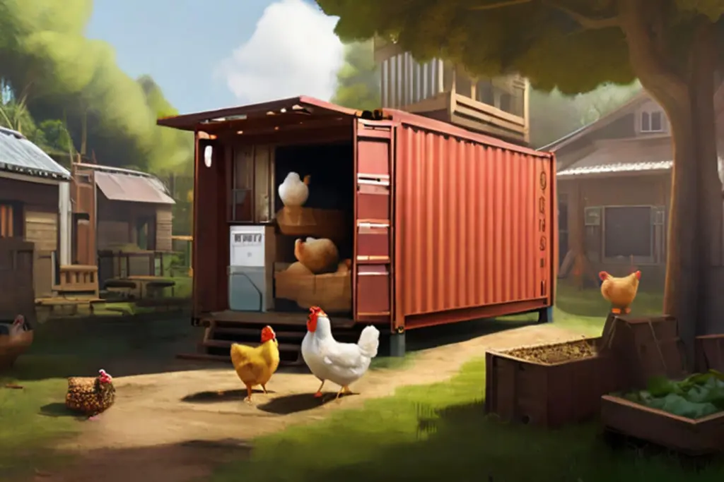 Shipping Container In Village With Chickens Around