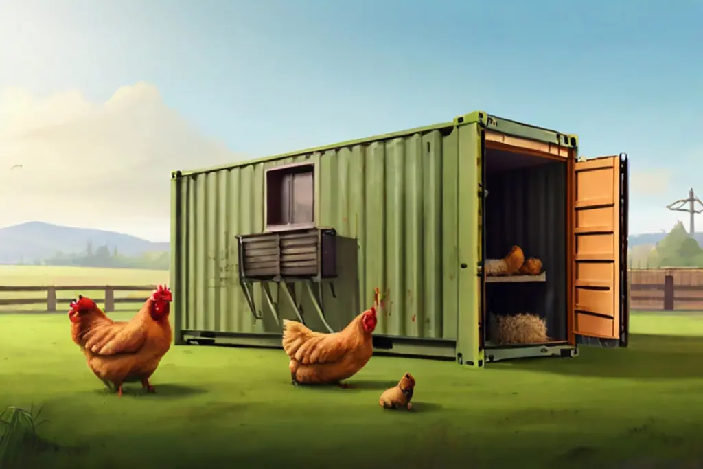 Shipping Container In Village With Chickens Around