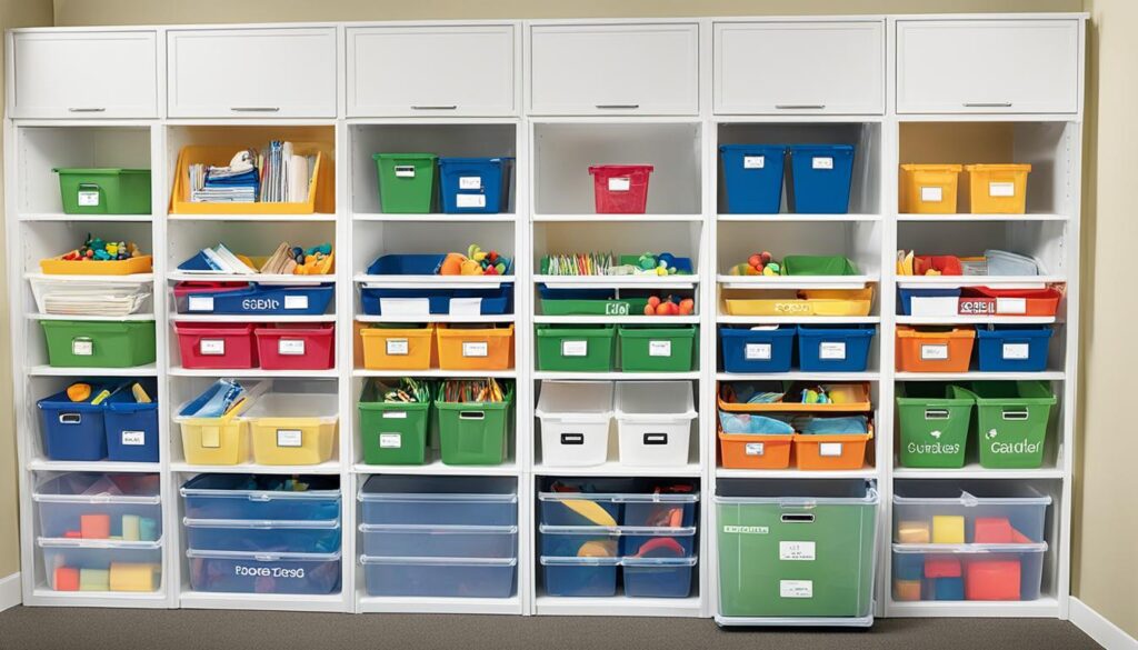 Storage container filled with neatly stacked boxes and labeled bins | shipping containers for sale Storage container filled with neatly stacked boxes and labeled bins