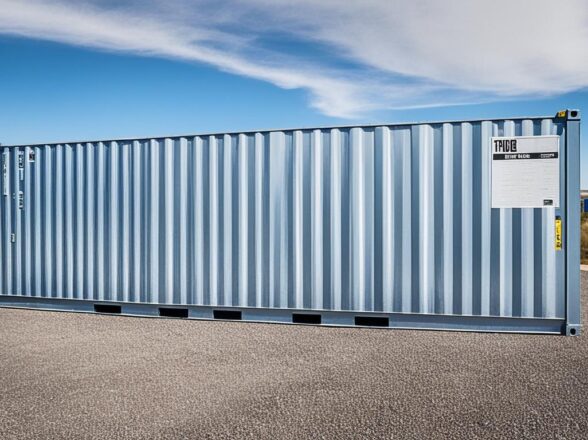 Storage container standing in a spacious empty lot | shipping containers for sale Storage container standing in a spacious empty lot
