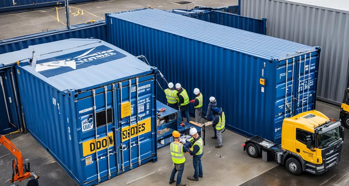 An aerial view of a shipping container with a side garage door being installed The container is placed on a flat surface and the installation process is being carried out with the help of a crane