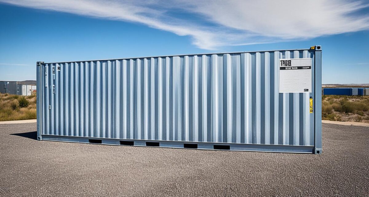 Storage container standing in a spacious empty lot | shipping containers for sale Storage container standing in a spacious empty lot